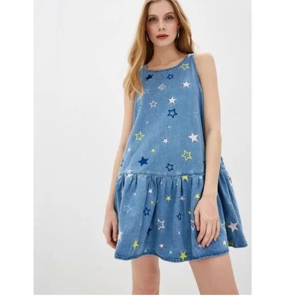 LOVE MOSCHINO Women’s Flounced Embroidered Sleeveless Denim Dress Sz 4 Girly - Picture 2 of 13